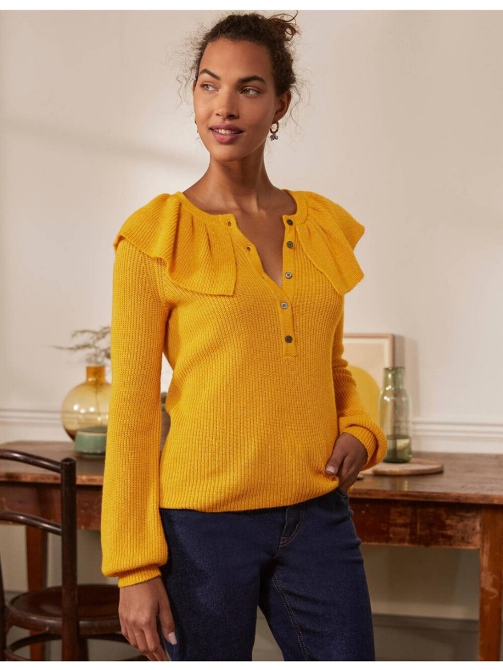 Boden Tuscan Sun Yellow Fluffy Frill Collar Ribbed Knit Button Front Sweater US2